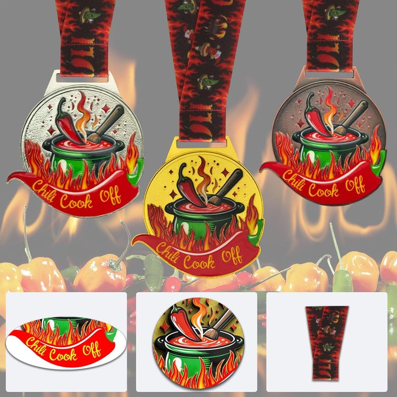 YUJUE 3 Pcs Chili Cook Off Medals Trophies Prizes, Chili Cook Off for 1st 2nd 3rd Place Medals, Chili Cook Off Premium Trophy Medals for Award Ceremony, Winner Medals with Neck Ribbon - Image 3